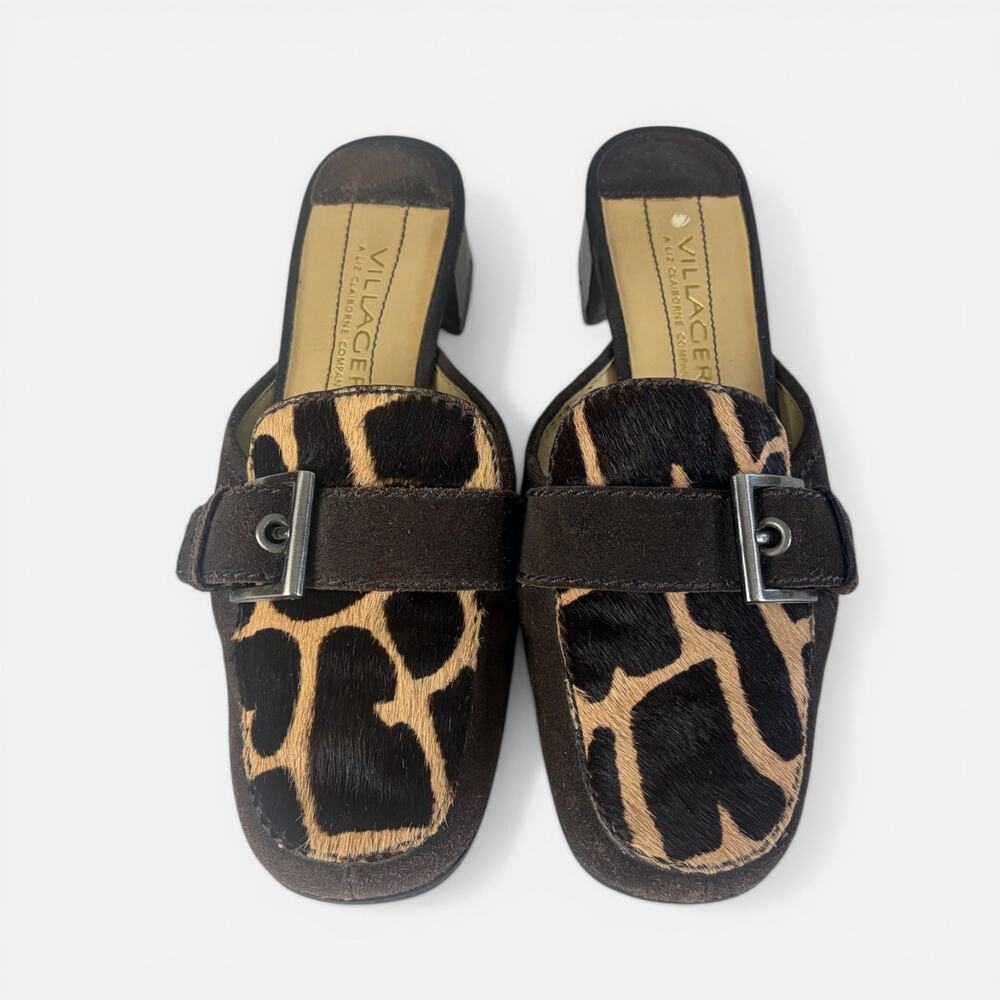 Y2K Liz Claiborne Villager Giraffe Animal Print Block Heel Mules Slides Sz 5.5
